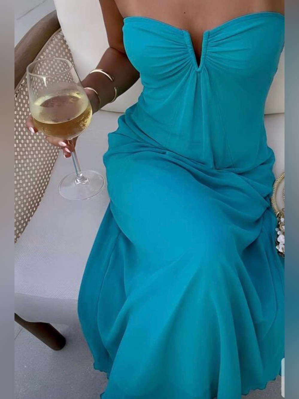 WORN ONCE Women’s Teal Strapless V-Neck Maxi Dress
